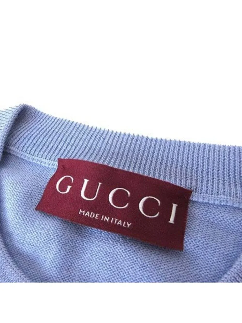 Gucci Embroidery Fine Wool Knit Sweater Short Sleeve Logo Ribbon Light Blue